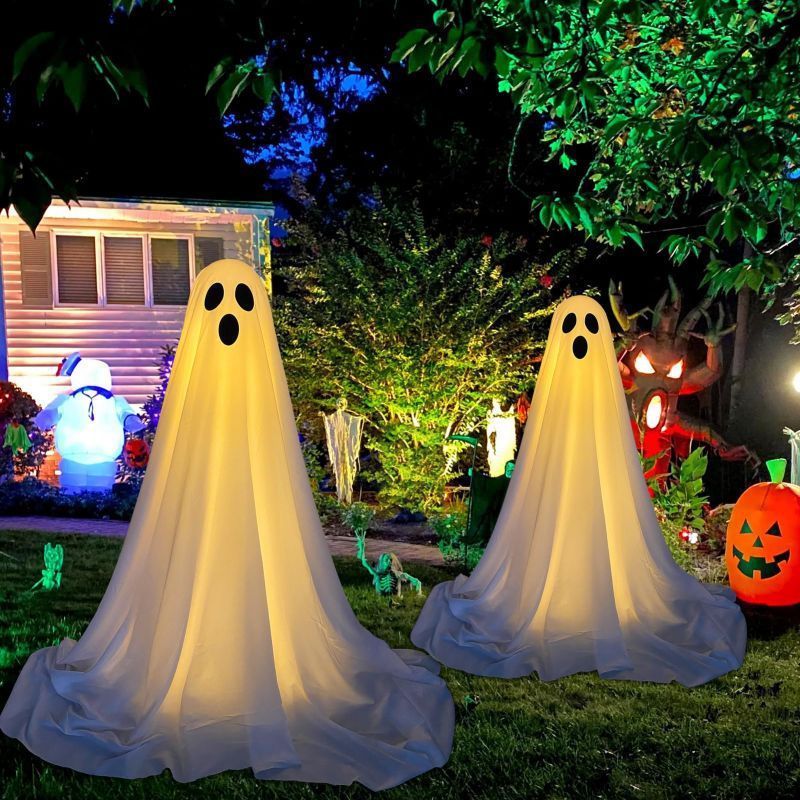 Standing Battery-Powered Ghost with Light-Up Chain for Porch