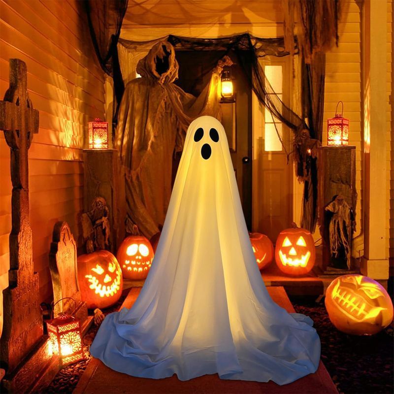 Standing Battery-Powered Ghost with Light-Up Chain for Porch